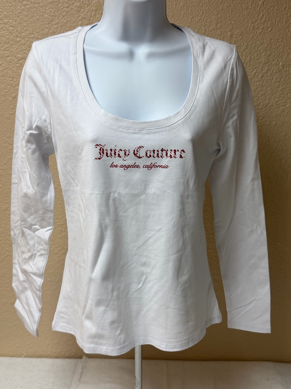 4/$20 Juicy Couture White Long Sleeve Scoop Neck Top with Red Logo
